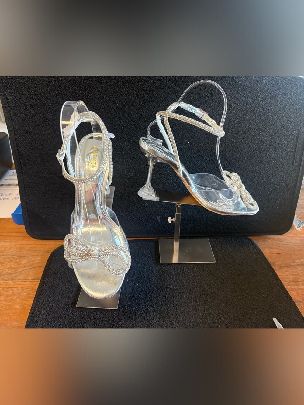 Olivia Jaymes Rhinestone Bow Heels Clear Silver Sandals Size 8 NWOT